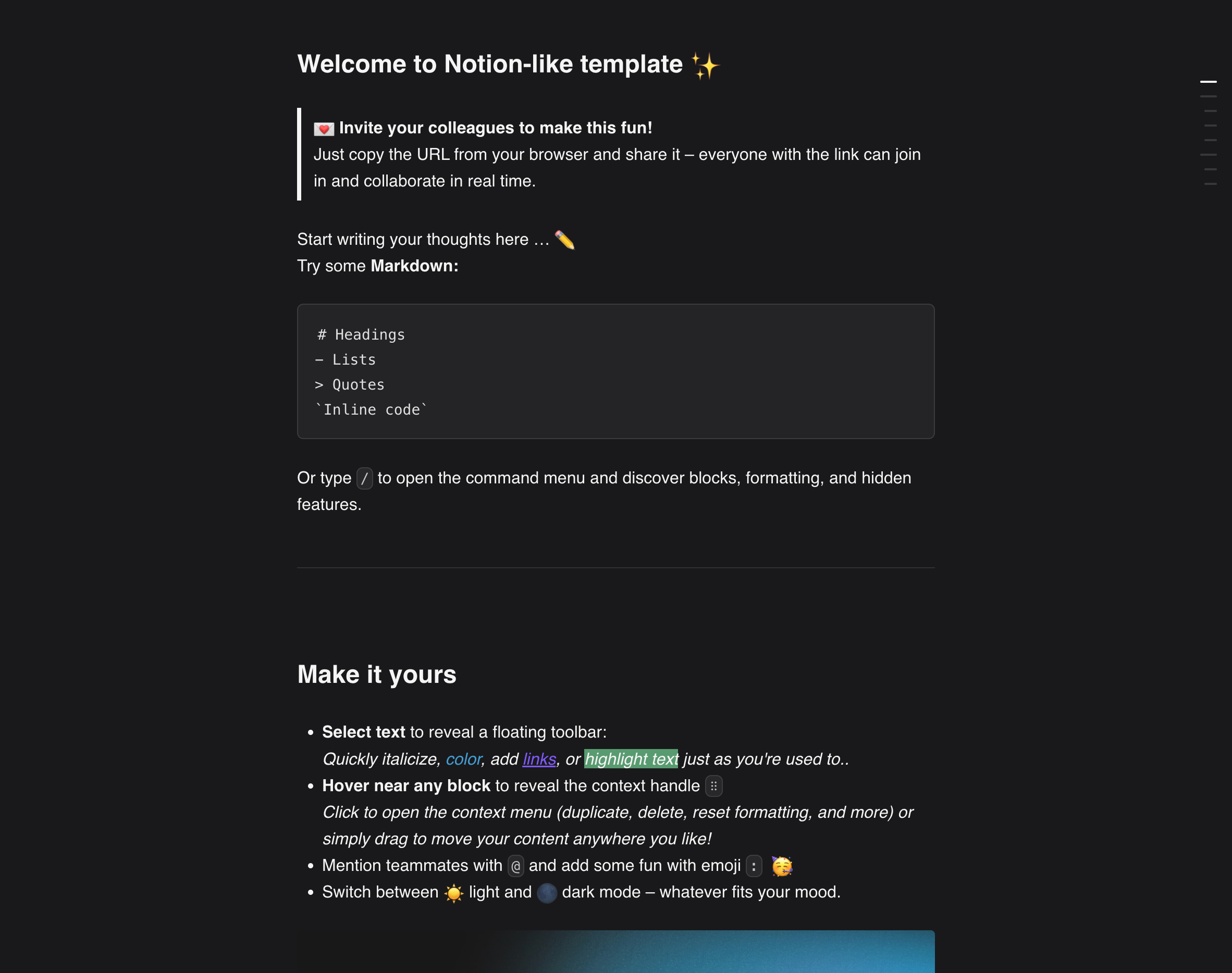 Dark interface of the open-source Tiptap editor, with text, quotes, Markdown lists, and collaboration features