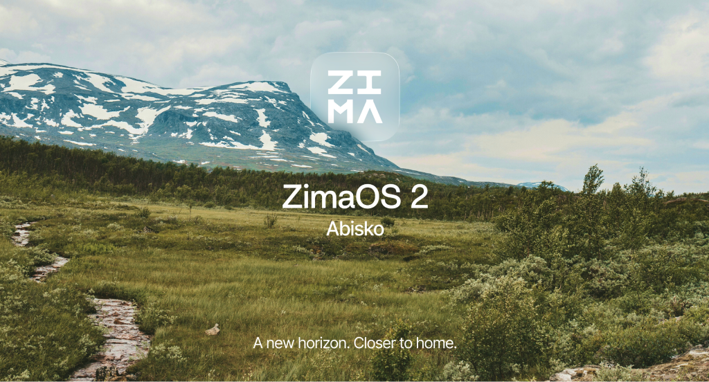 ZimaOS 2 visual identity over an Abisko mountain landscape
